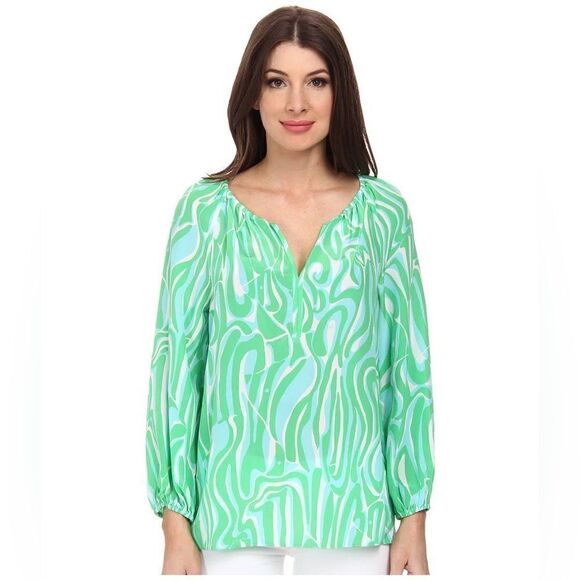 Lilly Pulitzer Sarabeth Silk Blouse Popover Green And Blue - Picture 1 of 7